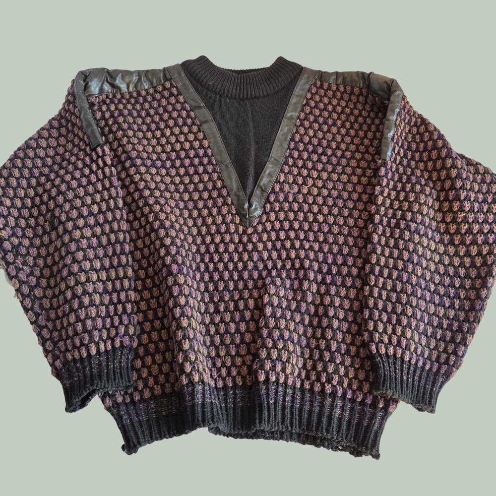 Street Scenes Vintage 80s Leather Trim Knit Sweater Purple Black Mixed Media M